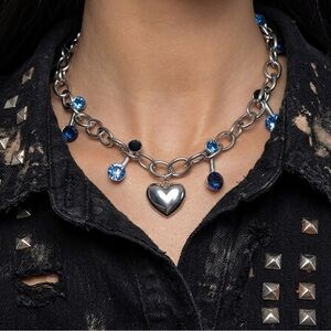 paparazzi Silver Heart Pendant Necklace with Blue Crystal Drops